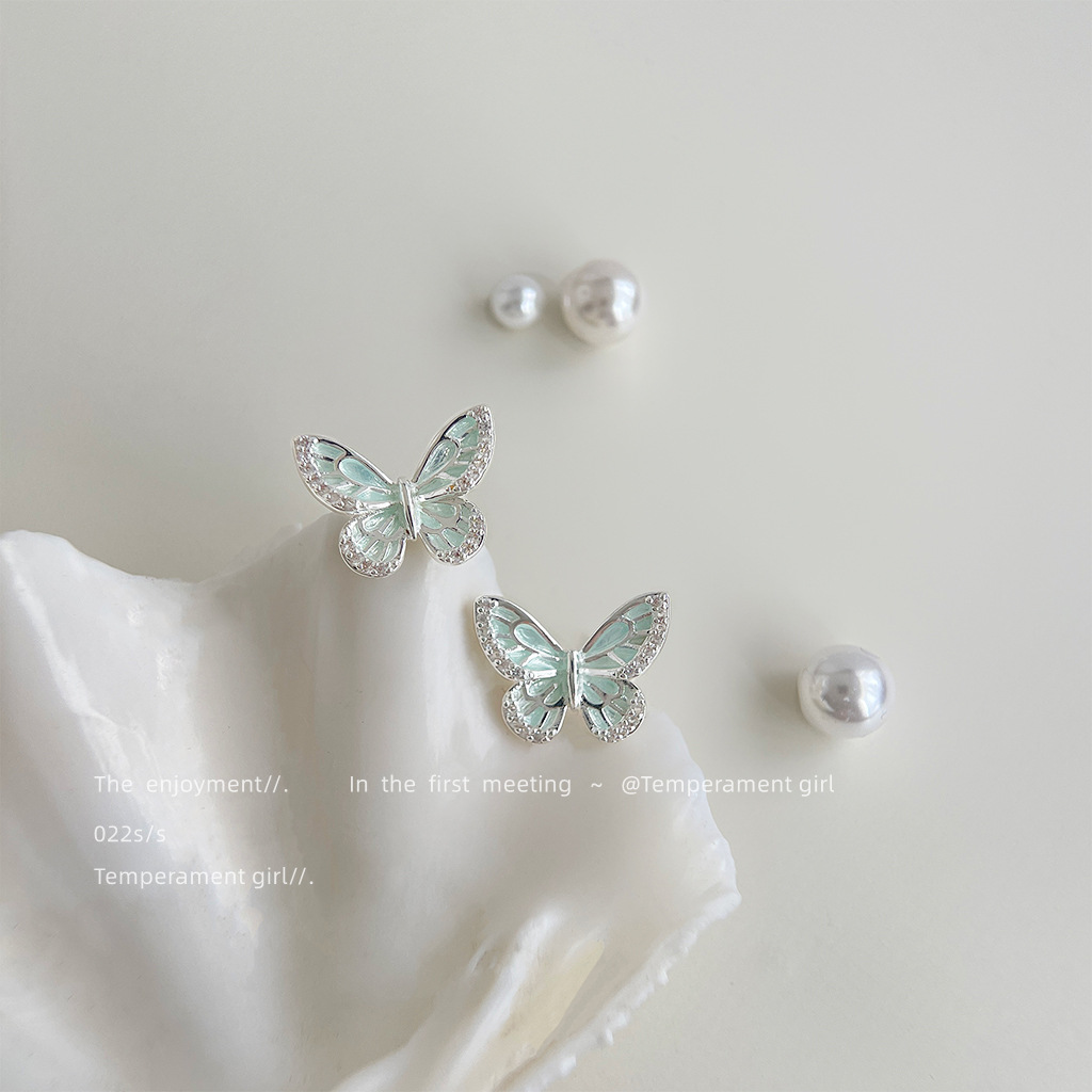 Wholesale Micro inlaid zircon mint green sier needle butterfly earrings
