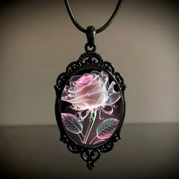 Wholesale Pink transparent rose patterned glass pendant necklace