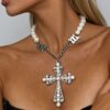 Wholesale Punk style pearl exaggerated cross pendant necklace