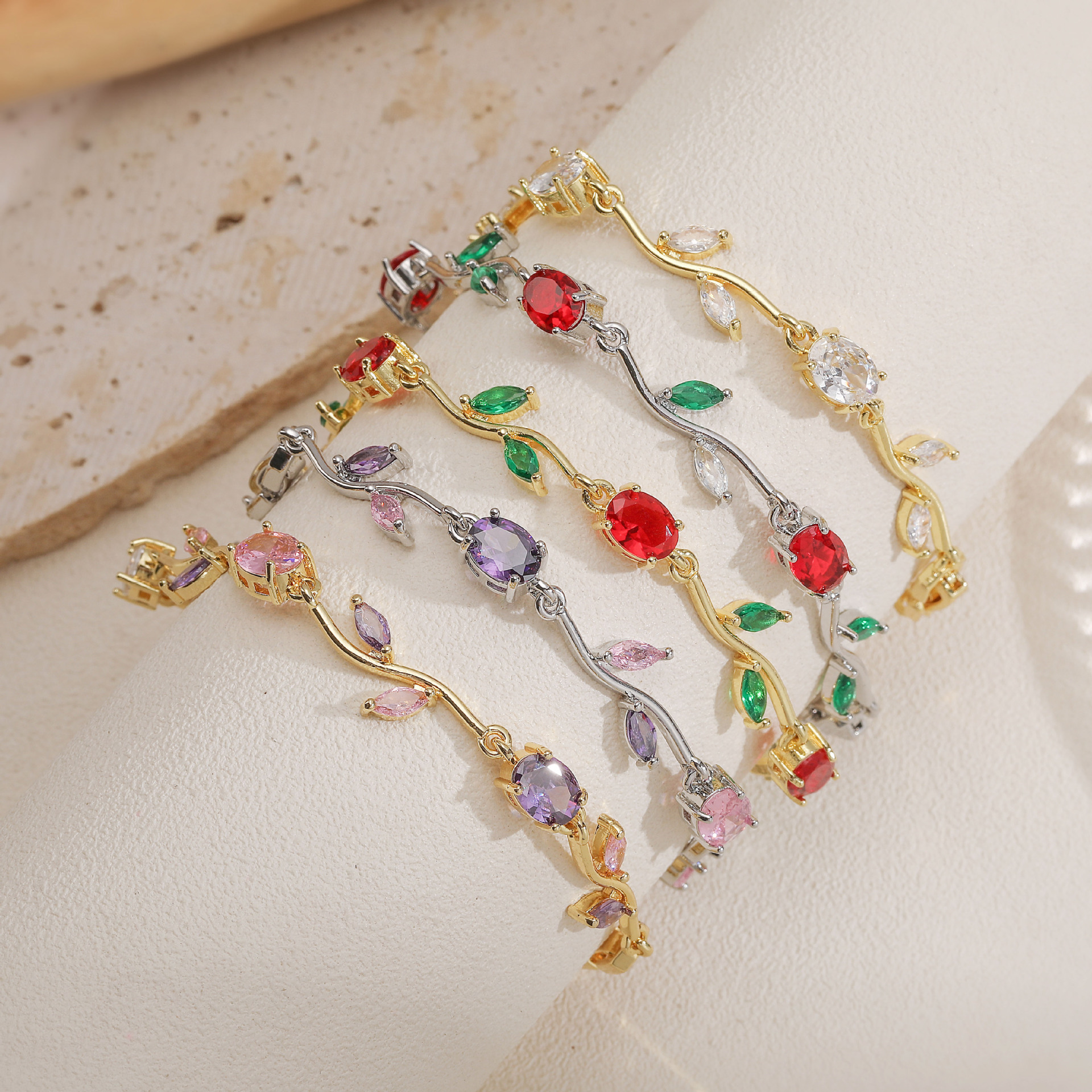 Wholesale Copper Inlaid with Colored Diamonds Leaves and Petals Bracelet