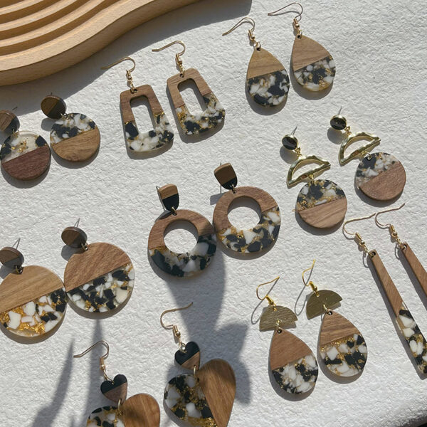 Wholesale Wooden resin spliced gold foil earrings