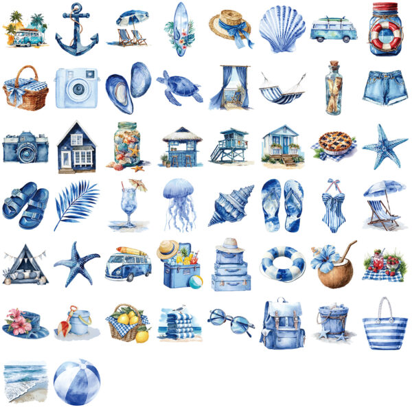 Wholesale 50pcs Transparent Cartoon Blue Beach Waterproof Vinyl Stickers