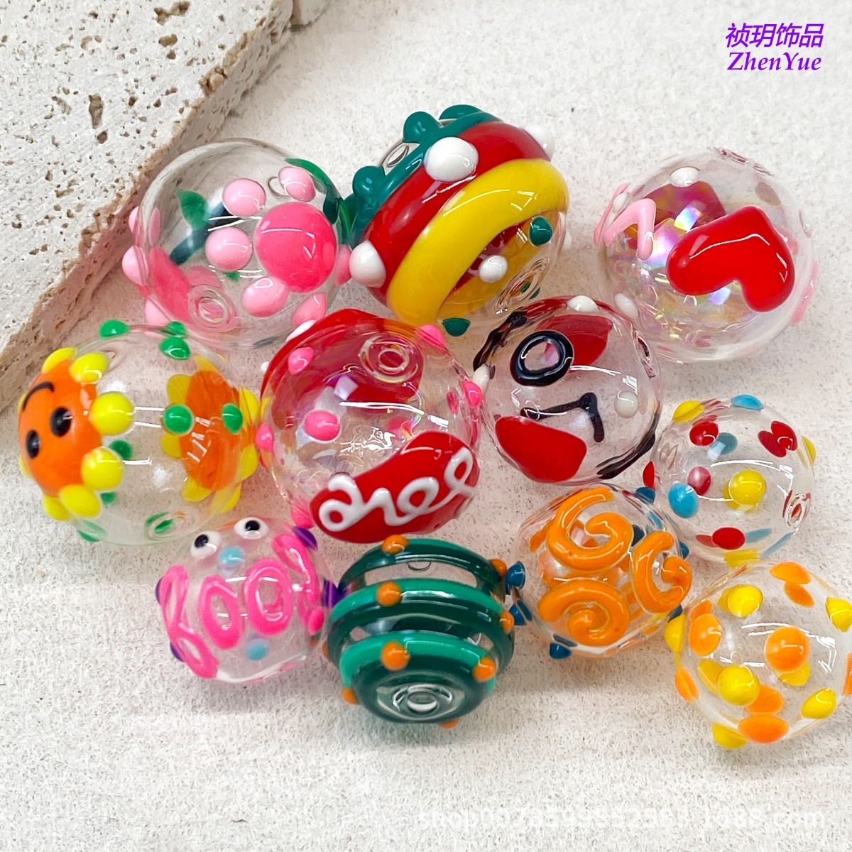 Wholesale Transparent hollow glass heart-shaped lka dot hand-painted flower beads