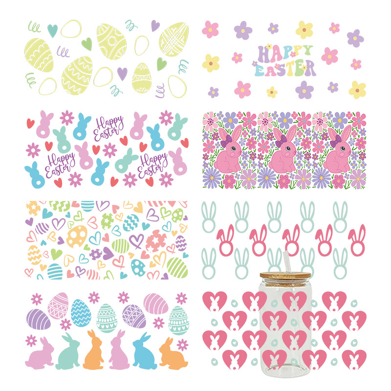 Wholesale Pink Cartoon Easter Bunny 16oz C UV DTF Wraps