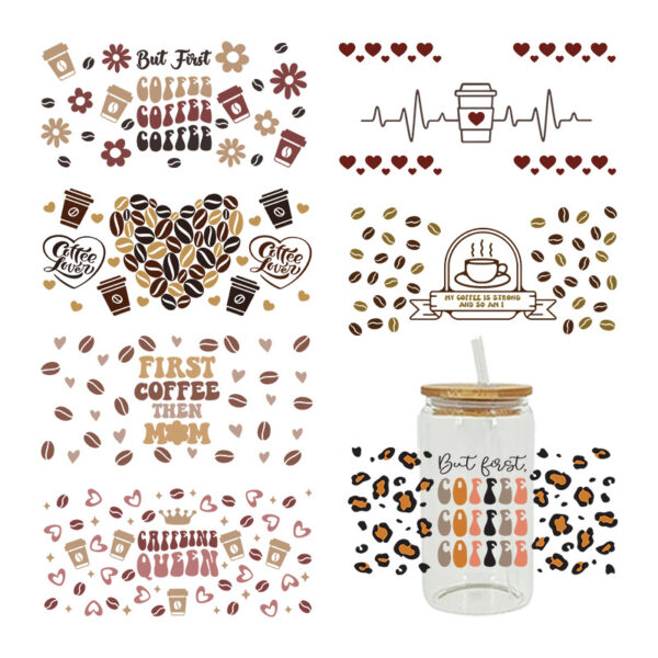 Wholesale Brown Cartoon Cute Coffee Theme 16oz Cup UV DTF Wraps