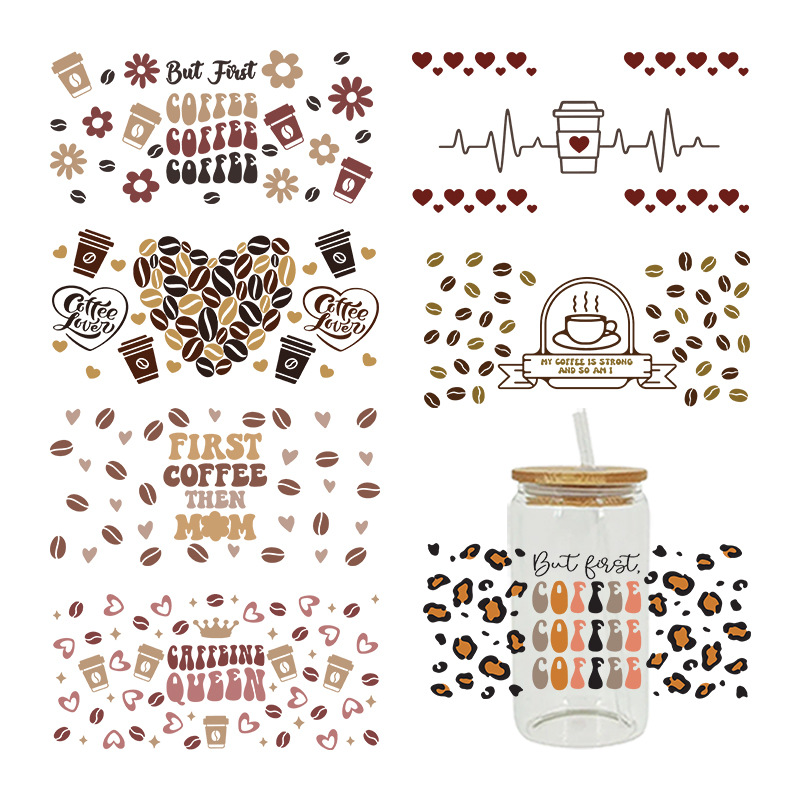 Wholesale Brown Cartoon Cute Coee Theme 16oz C UV DTF Wraps