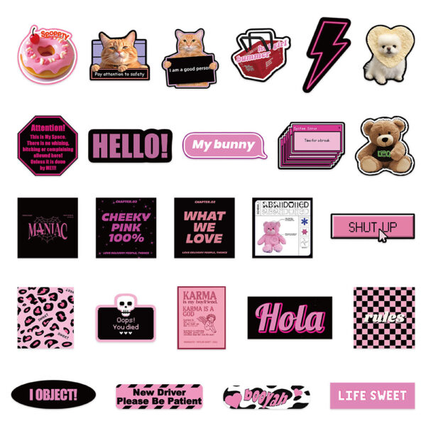 Wholesale 55pcs pink and black English cartoon Waterproof Vinyl Stickers
