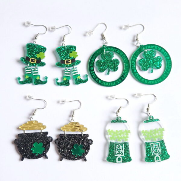 Wholesale St. Patrick's Day Green Clover Hat Boots Gold Coin Acrylic Earrings