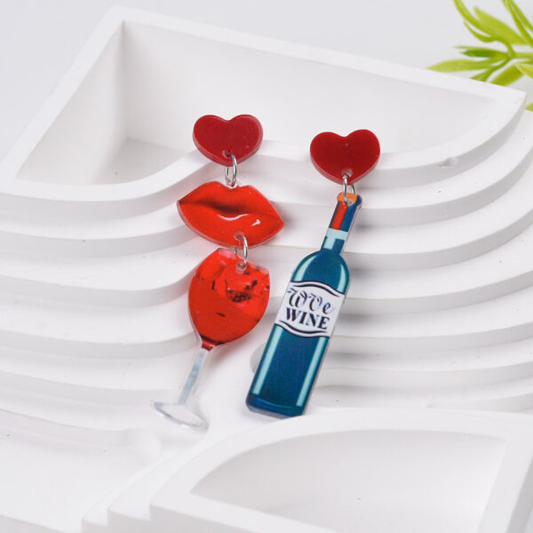 Wholesale Red Wine Bottle Romantic Fiery Red Lip Wine Glass Valentine's Day Asymmetrical Earrings