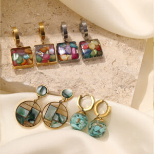 Wholesale Natural turquoise geometric titanium steel earrings