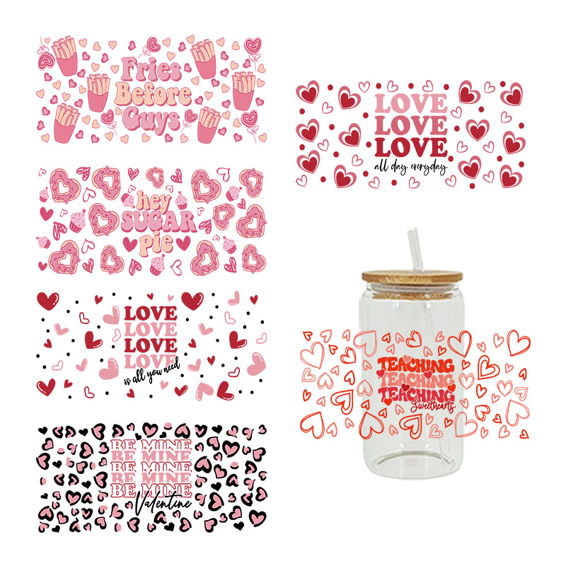 Wholesale Cartoon Cute Pink Valentine's Day Heart 16oz C UV DTF Wraps
