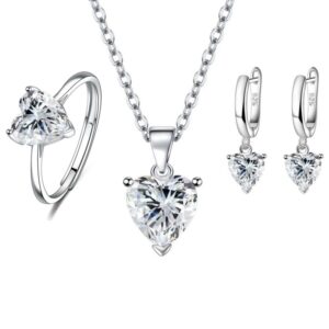White diamond earrings + necklace + ring [set]