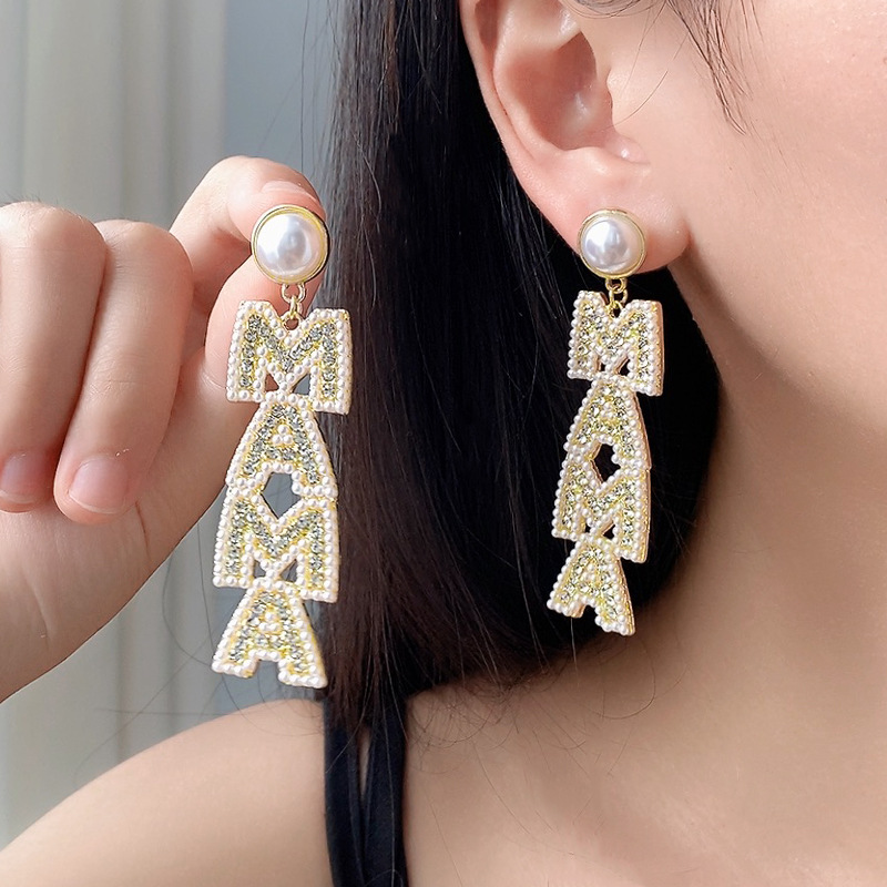 Wholesale Mother's Day Creative Letter Diamond Pearl Earrings Luxury Earrings