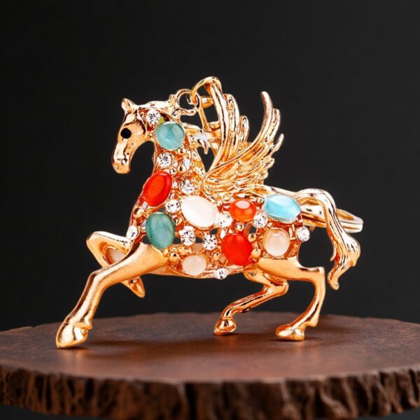 Wholesale Zodiac Diamond-Encrusted Small Wooden Horse Car Keychain for Women, Creative Bag Pendant, Metal Horse Key Ring, Business Gift