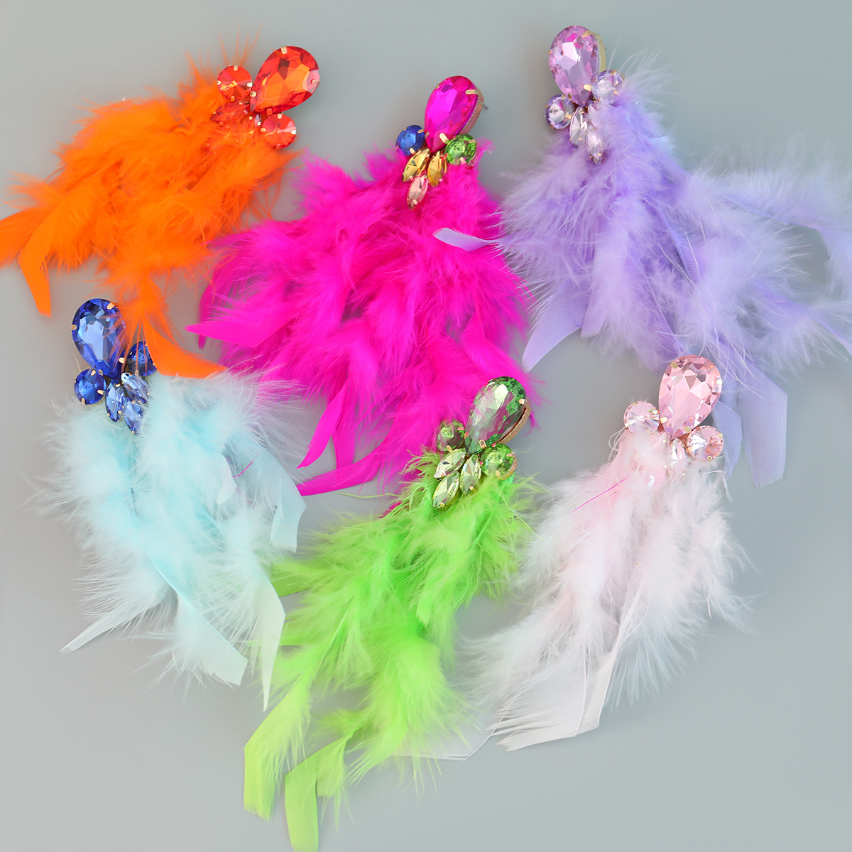 Wholesale Long feather studded diamond floral tassel earrings