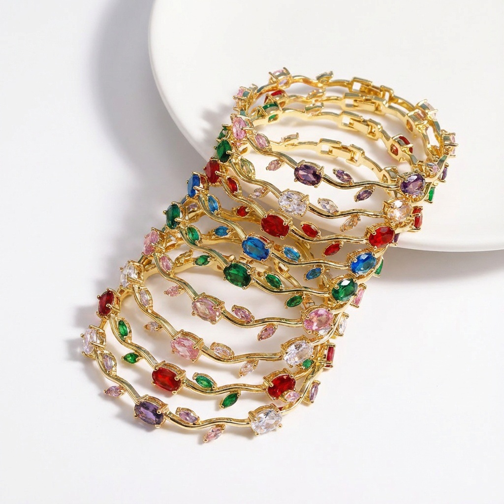 Wholesale Copper inlaid colored zircon flower branch and leaf bracelet