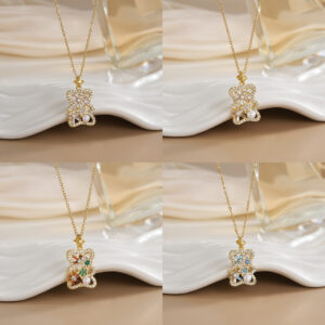 Wholesale Copper plated real gold micro inlaid zircon bear biscuit necklace