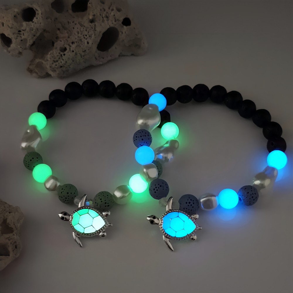 Wholesale Luminous Sier Turtle Shaped Colored Volcanic Stone Bracelet