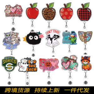 Wholesale New cross-border autumn oil painting art pumpkin sunflower telescopic badge scroll Thanksgiving easy-pull ID buckle