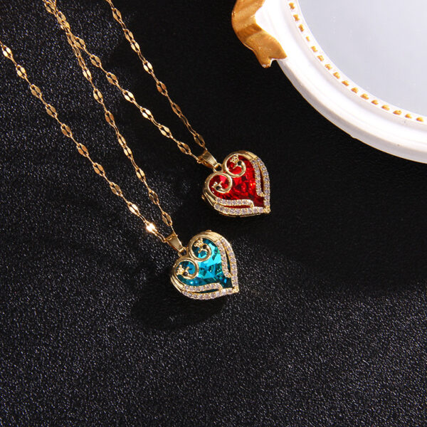 Wholesale Colored Crystal Peach Heart Titanium Steel Jewelry Necklace