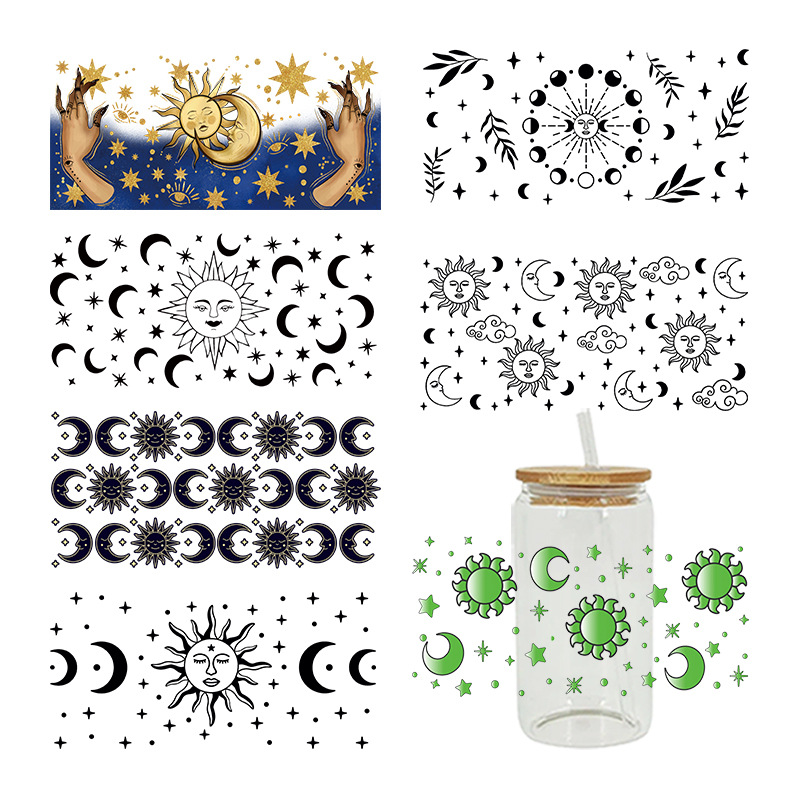 Wholesale Colorful Cartoon Cute Sun Moon and Stars Theme 16oz C UV DTF Wraps