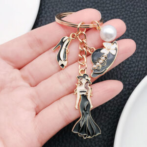 Wholesale Cross-border oil-dripping black princess dress model small fragrant style hat high heels keychain exquisite jewelry key chain