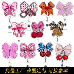 Wholesale New cross-border acrylic cherry bow retractable badge clip DIY jewelry easy-to-pull buckle