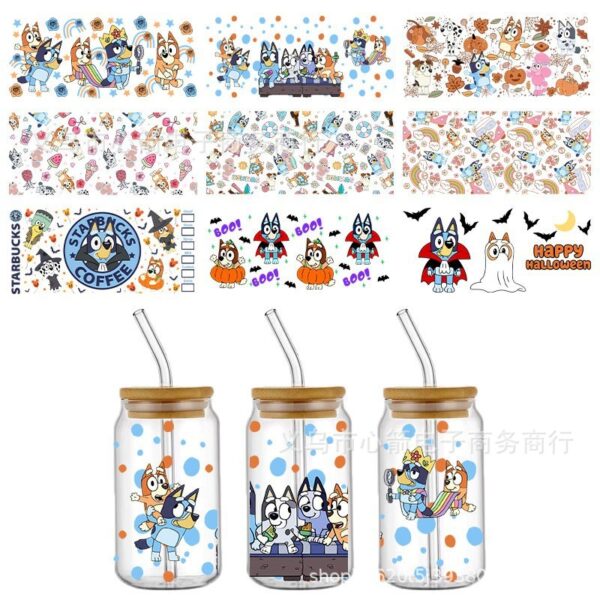 Wholesale Brui UV DTF Crystal Transparent Sticker Cute Cartoon Pattern 16 oz Glass Cup Waterproof Scratch Resistant Cross Border