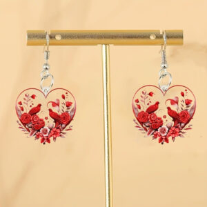 Wholesale Heart shaped Red Flower Valentine's Day Biwing Earrings