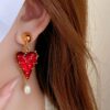 Wholesale Half transparent red tassel heart-shaped earrings
