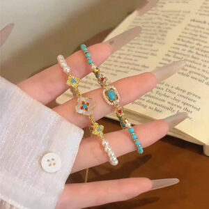 Wholesale Turquoise bead layered metal flower bracelet