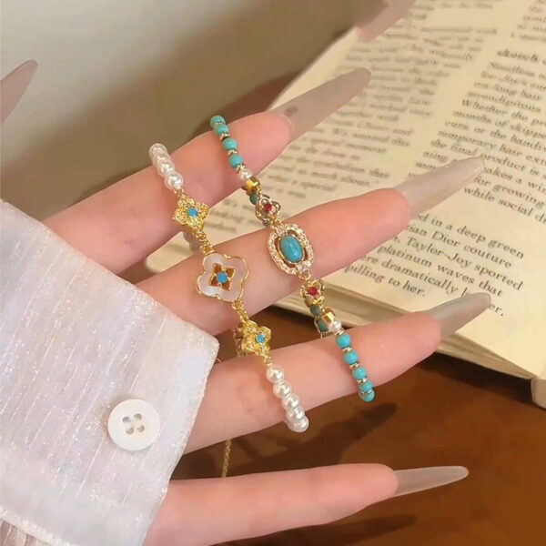 Wholesale Turquoise bead layered metal flower bracelet