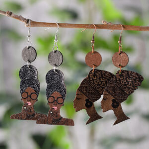Wholesale Black History African Style Queen Head Pendant Wooden Double-Sided Earrings