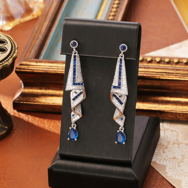 Wholesale Blue Copper Plated Gold Zircon Long Earrings