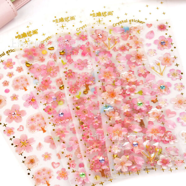 Wholesale Wow WQCC Pink Cherry Blossom Bronzing Crystal Stereo Sticker Children's Girl's Diary Hand Account Water Cup Decorative Glue Drops