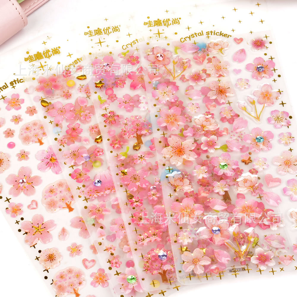 Wholesale Wow WQ Pink Cherry Blossom Bronzing Crystal Stereo Sticker Chilen's Girl's Diary Hand Aount Water C Decorative Glue ops