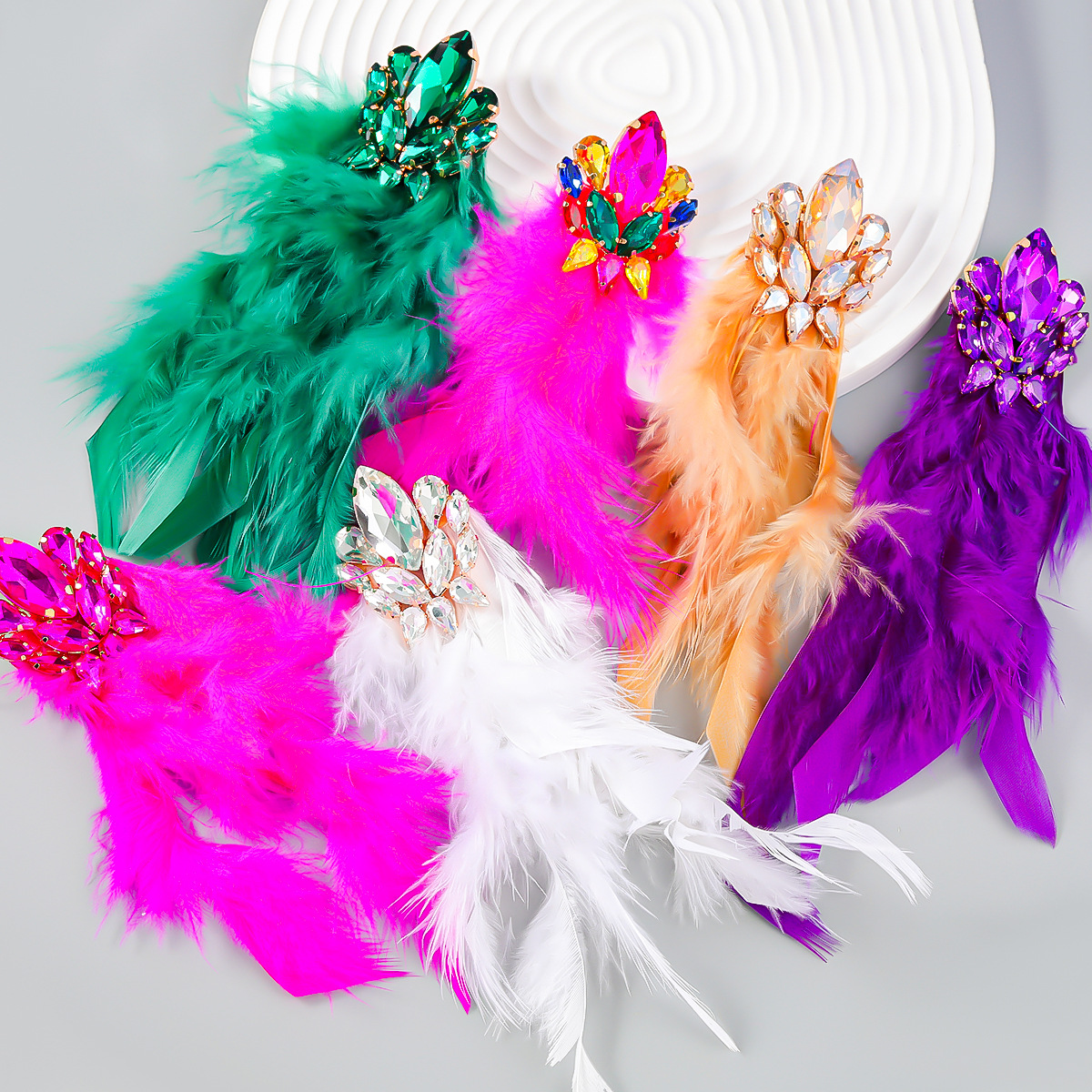 Wholesale Diamond studded floral long feather fringe earrings