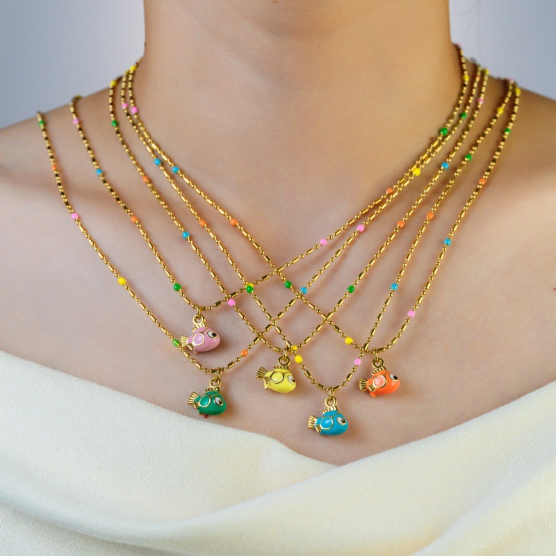 Wholesale Rice Bead ipping Oil Cartoon Fish Stainless Steel Necklace