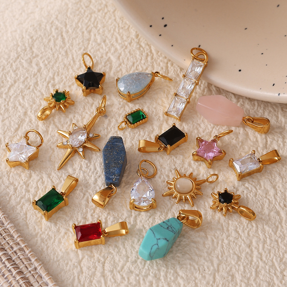 Wholesale Stainless steel 18K gold-plated geometric colorful gemstone rectangular star pendant necklace