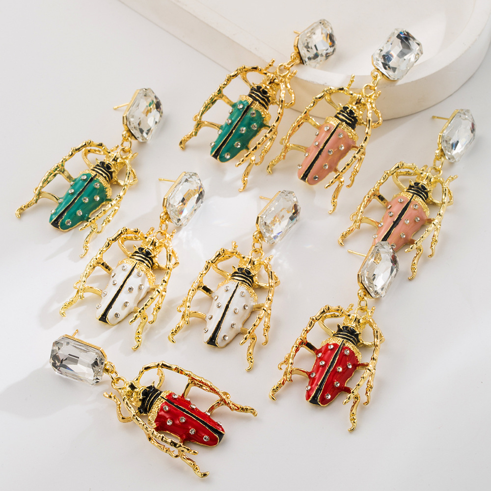 Wholesale Alloy Oil-op Inlaid Diamond Insect Earrings Red Green White Beetle Earrings