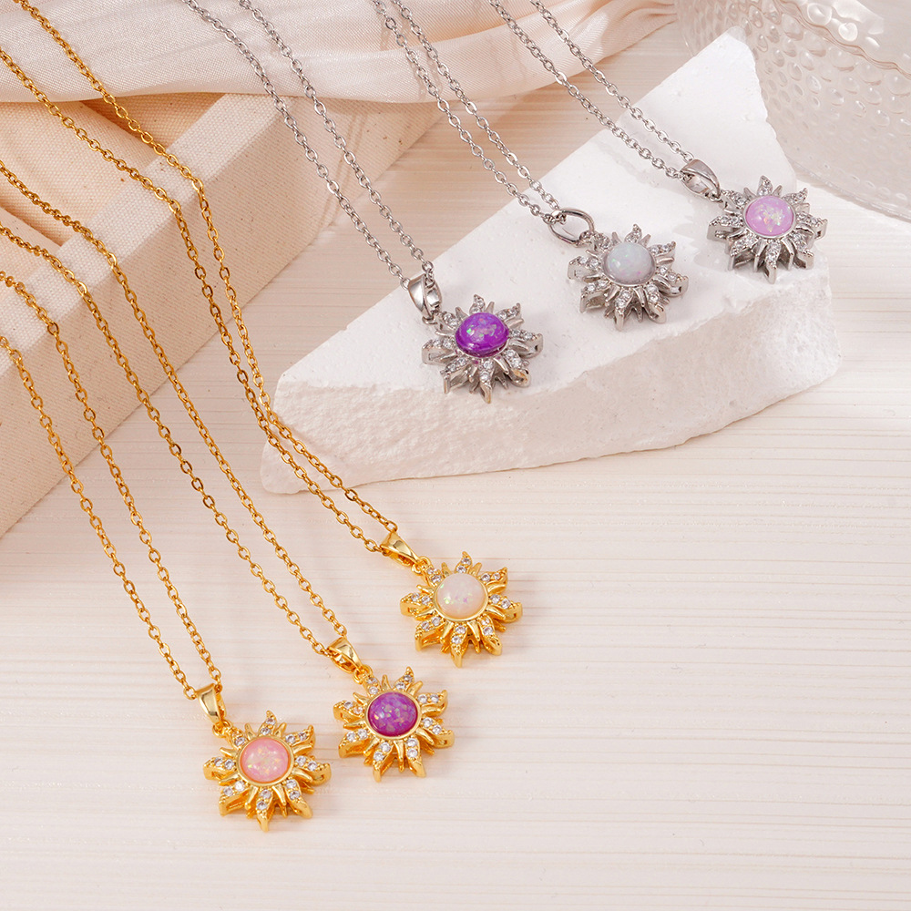 Wholesale Gold plated sun pendant with micro inlaid zircon titanium steel necklace