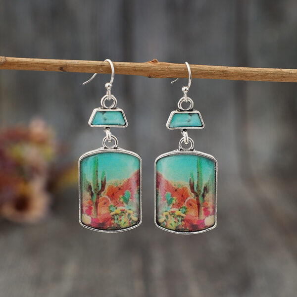 Wholesale Western style geometric printing cactus turquoise earrings