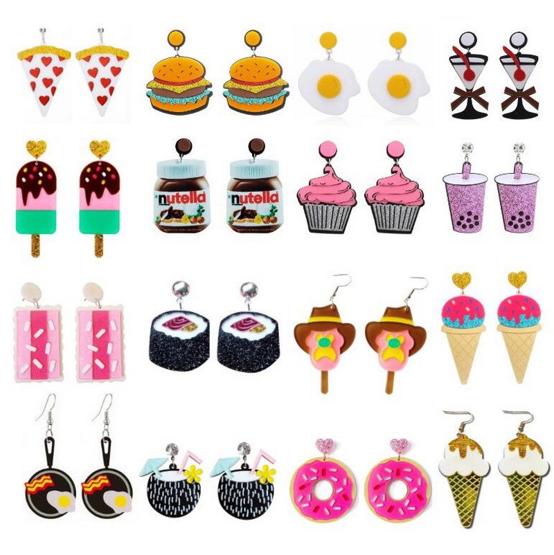 Wholesale acrylic pizza ice cream cake milk tea omelette donuts peanut butter sushi biscuits earrings