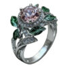 Wholesale Bright Pink Zircon Green Leaf Oil Drop Flower Plant Ring