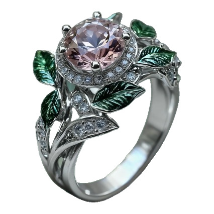 Wholesale Bright Pink Zircon Green Leaf Oil Drop Flower Plant Ring