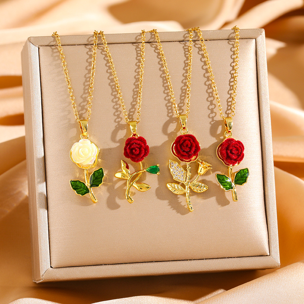 Wholesale Red Rose Diamond Titanium Steel Necklace