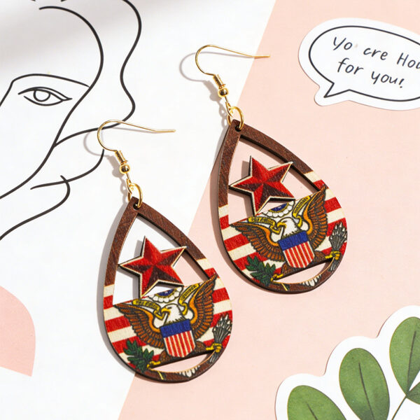 Wholesale Water drop five-pointed star earrings eagle emblem pattern wooden earrings