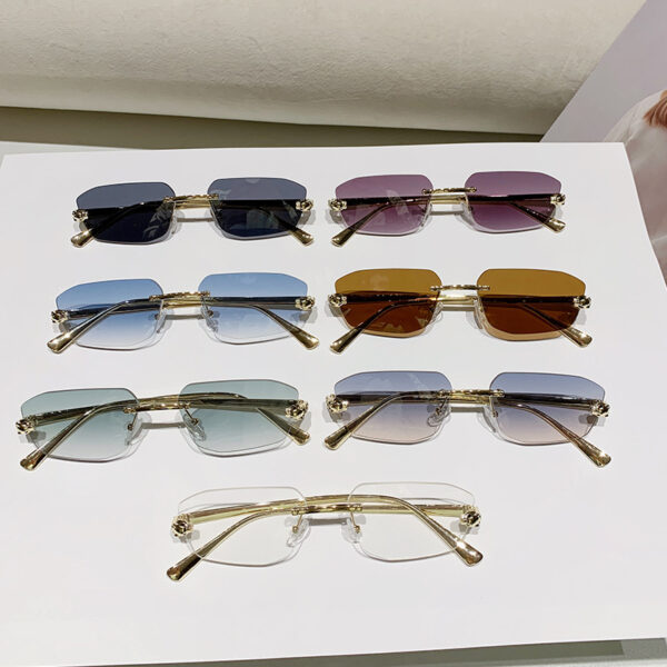 Wholesale Metal trimmed frameless polygonal cheetah decorative sunglasses
