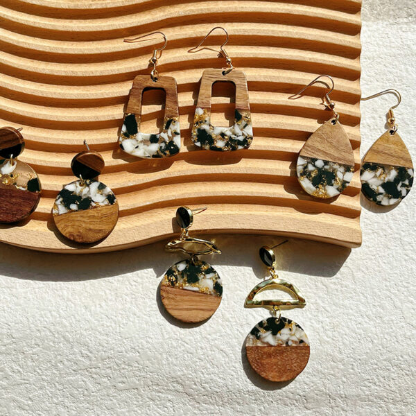 Wholesale Wooden resin spliced gold foil earrings