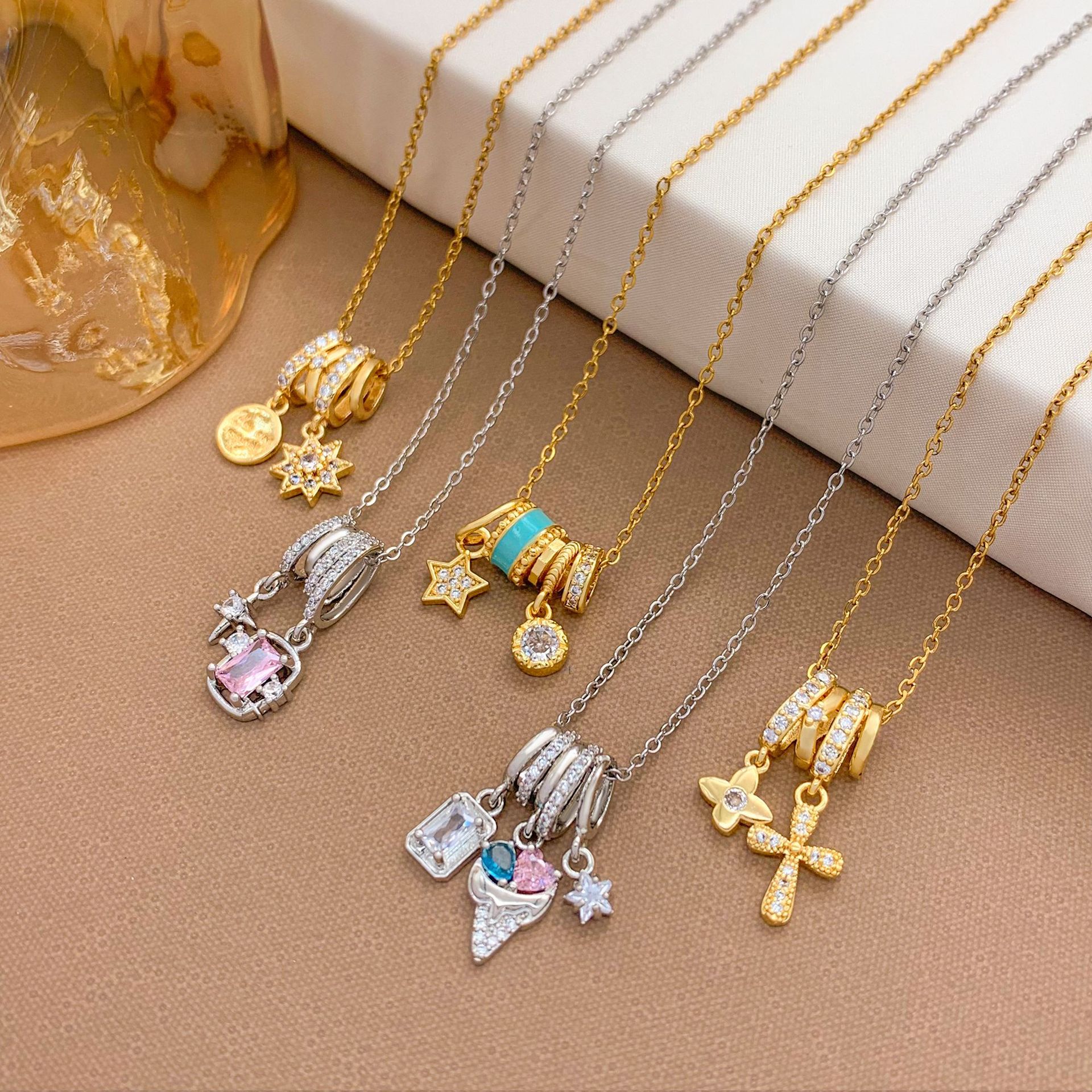 Wholesale Square Ice Cream Color Necklace Luxury Micro-Paved Zircon Temperament Aessory